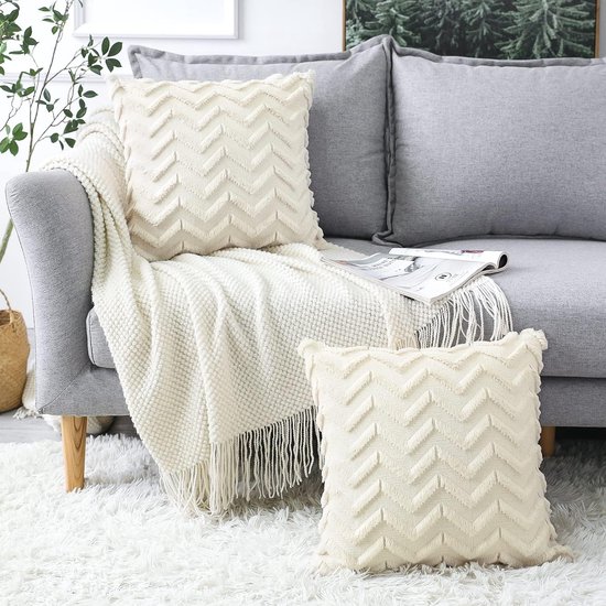 Artscope Set van 2 wollen kussenhoezen, zacht pluche, kort wolfluweel, decoratieve kussenovertrekken, luxe bankkussen, Europese kussenhoes voor bank, slaapkamer, kerstboom en eland, crèmebeige