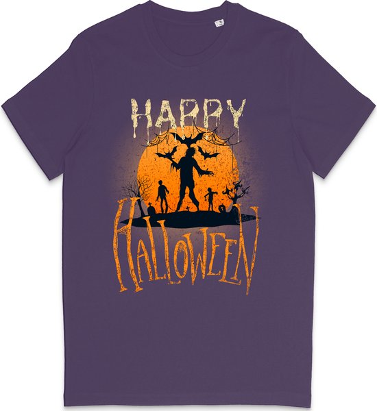 Paars T Shirt Heren en Dames - Halloween Print - Maat M