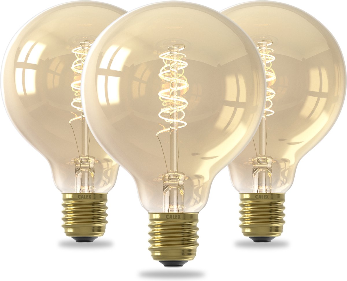 Calex Spiraal Filament LED Lamp - Set van 3 stuks - G95 Vintage Lichtbron - E27 - Goud - Warm Wit Licht - Dimbaar