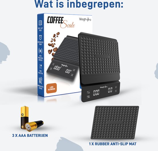 Verpakking van de WeighJo koffieweegschaal naast de weegschaal, met 3 AAA batterijen en een antislipmat.