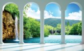 Fotobehang - Vlies Behang - 3D Waterval en Meer door de Pilaren gezien - 208 x 146 cm
