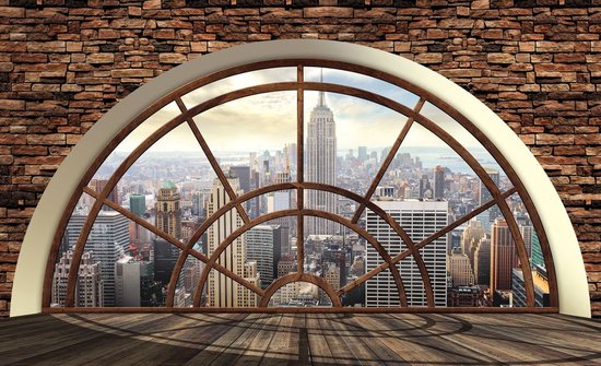 Fotobehang - Vlies Behang - 3D New York Stad door Luxe Raam - 208 x 146 cm