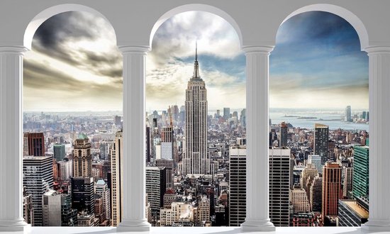 Foto: Fotobehang vlies behang 3d new york stad en empire state building door de pilaren gezien 416 x 254 cm