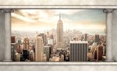 Fotobehang - Vlies Behang - 3D New York Stad door het Raam met Pilaren - 208 x 146 cm