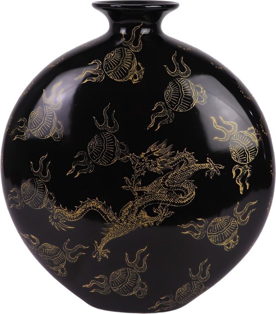 Ronde zwarte keramische vaas met gouden draak en abstracte patronen.