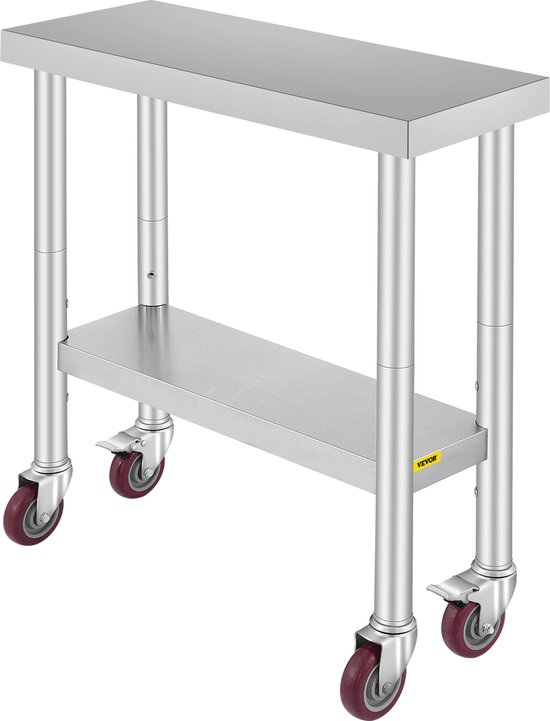 Foto: Vevor roestvrijstalen keukentafel met 4 wielen en verstelbaar onderblad 76 x 30 x 86 cm commerci le werktafel belastbaar tot 50 kg voor roestvrij staal hotel restaurant bar osteria zilver