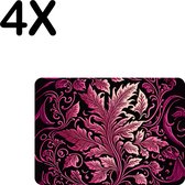 BWK Luxe Placemat - Roze Bloemen Kunst op Zwarte Achtergrond - Set van 4 Placemats - 35x25 cm - 2 mm dik Vinyl - Anti Slip - Afneembaar