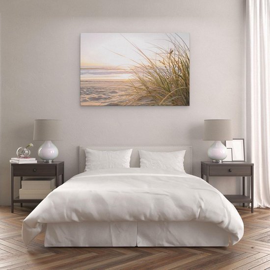 Artaza Canvas Schilderij Strand en Duinen bij Zonsondergang - Zee - 120x80 - Groot - Wanddecoratie Woonkamer - Muurdecoratie Slaapkamer