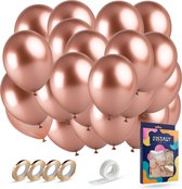 Fissaly 40 stuks Metallic Rose Goud Helium Latex Ballonnen met Lint Versiering - Feest Decoratie – Chrome Roze & Gouden
