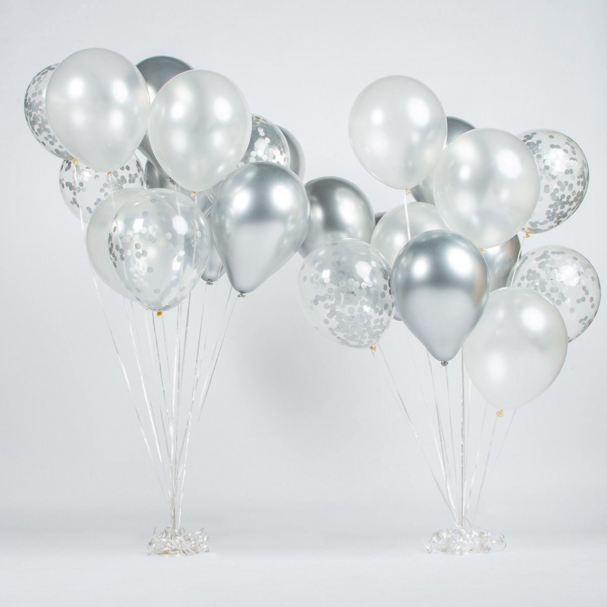 Fissaly 40 stuks Zilver, Wit & Zilveren Papieren Confetti Helium Latex Ballonnen met Accessoires – Metallic Chrome - Decoratie — afbeelding 3