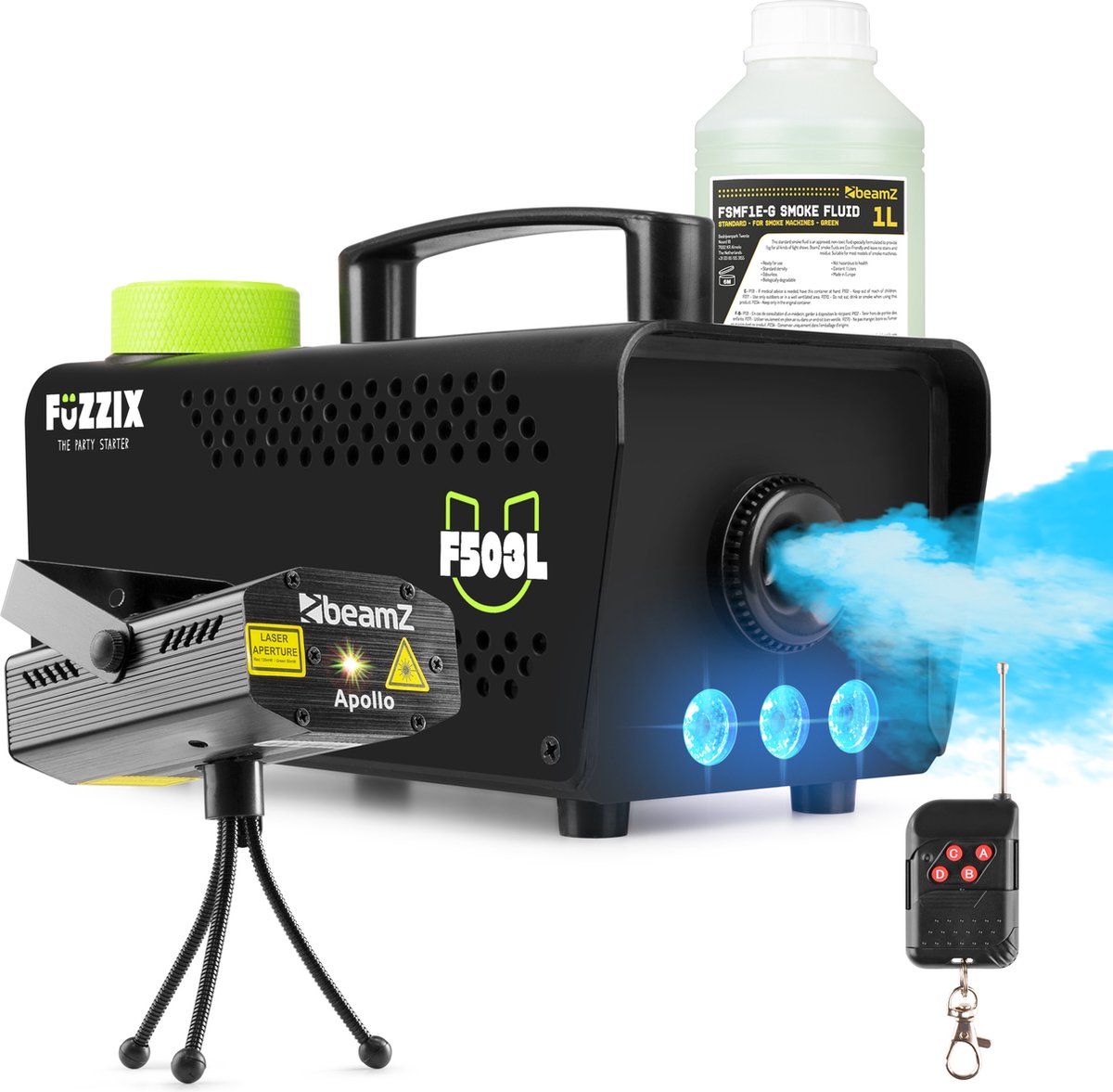 Partyset met Fuzzix F503L Rookmachine - 1L Rookvloeistof en 1x Laser