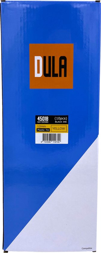 DULA Dymo D1 45018 - S0720580 - Compatible label tape - 10 lettertapes - Zwart op geel - 12mm x 7m