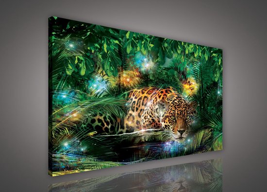 Canvas Schilderij - Jaguar - Groen - Zonsondergang - Cheeta - Dieren - Lucht - Wild - Natuur - Afrika - Schilderij Woonkamer - Schilderijen op canvas - Inclusief Frame - 60x40cm (LxB)