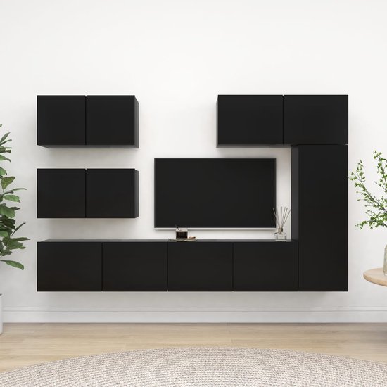 The Living Store Televisiemeubelset Spaanplaat - Zwart - 3x 80x30x30cm + 1x 30.5x30x90cm + 2x 60x30x30cm