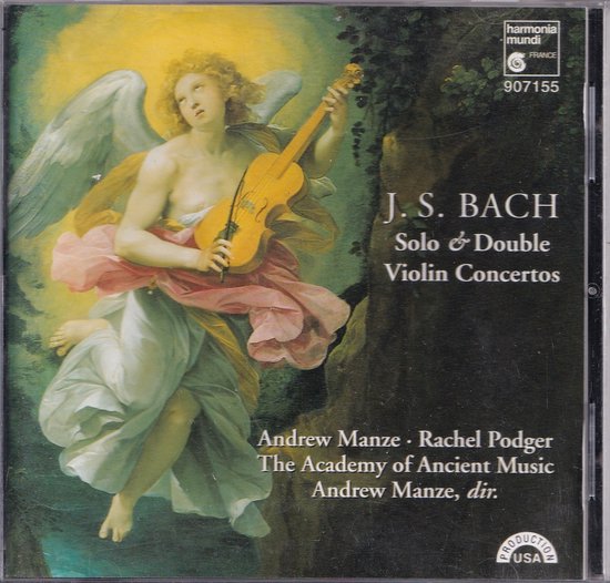 CD-hoes met engel die viool speelt, naast tekst 'J. S. BACH Solo & Double Violin Concertos' en namen van uitvoerenden.