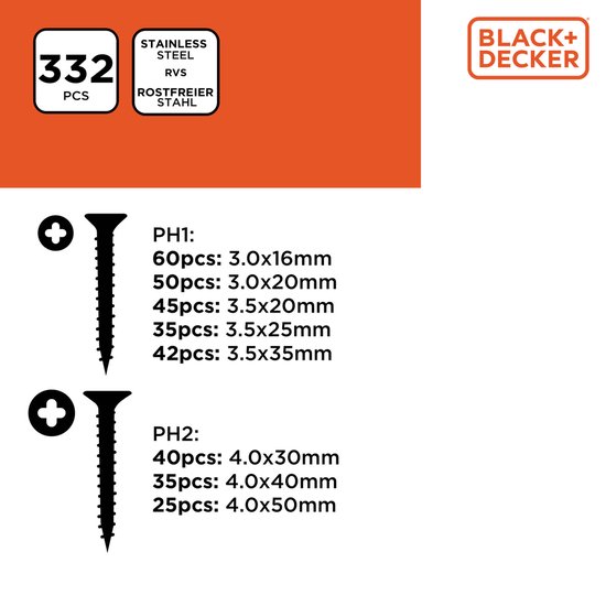 BLACK+DECKER Schroeven Assortiment - 332 Stuks - PH1 - PH2 - Hout Schroevenset - BLACK+DECKER