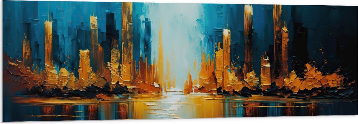 PVC Schuimplaat - Schilderij - Verf - Blauw - Geel - 150x50 cm Foto op PVC Schuimplaat (Met Ophangsysteem)