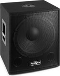 Zwarte Vonyx subwoofer met stoffen bekleding en een metalen grill aan de voorkant.