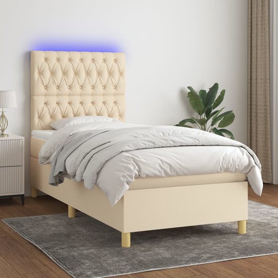 The Living Store Boxspring Crème 203x100x118/128cm - Gewatteerd Hoofdbord - Kleurrijke LED-verlichting