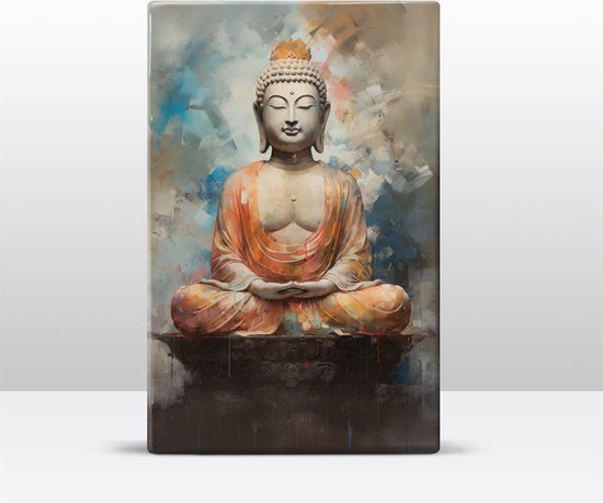 Buddha in oranje gewaad - Laqueprint - 19,5 x 30 cm - Niet van echt te onderscheiden handgelakt schilderijtje op hout - Mooier dan een print op canvas. - LW540