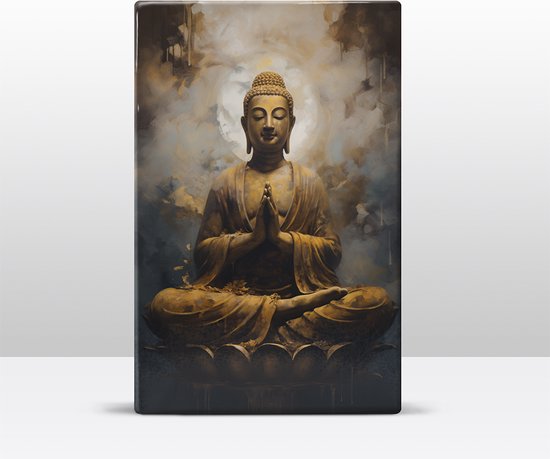 Buddha met gevouwen handen - Laqueprint - 19,5 x 30 cm - Niet van echt te onderscheiden handgelakt schilderijtje op hout - Mooier dan een print op canvas. - LW504