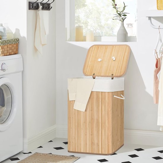LIFEZEAL Coffre à Linge 54L Avec Couvercle à Charnière - Panier à Linge Blanc Robuste 30x30x61cm Avec Poignées Et Barre De Support