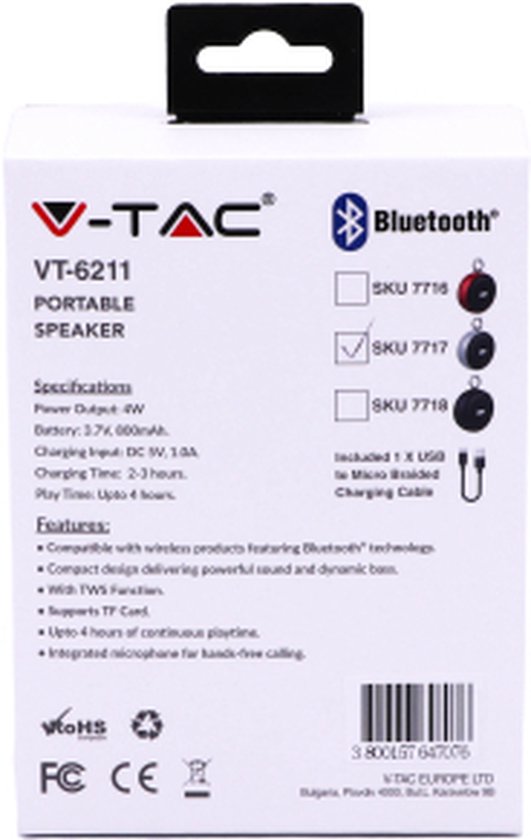 SKU 7716 - VT-6211 - Speaker Bluetooth Portatile 4W con Microfono