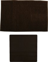 MSV Douche anti-slip mat en droogloop mat - Sevilla badkamer set - rubber/microvezel - bruin