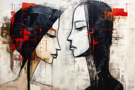 JJ-Art (Canvas) 90x60 | 2 Vrouwen, abstract in zwart wit, rood, bruin, kunst | gezicht, grunge, modern | Foto-Schilderij canvas print (wanddecoratie)