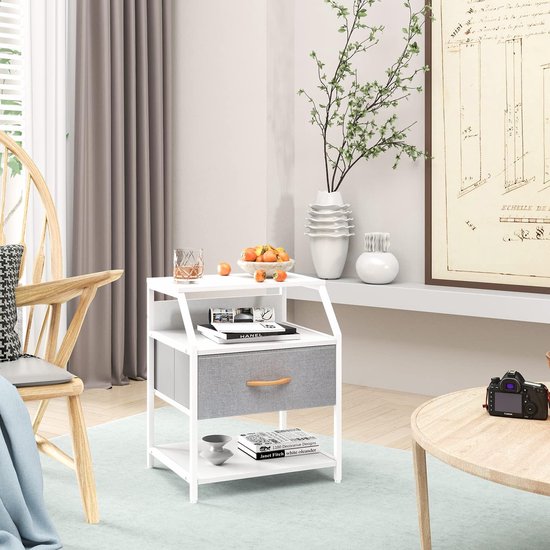 Table de chevet à vide ouvert, table de chevet avec 1 tiroir, grande table d'appoint, petite table basse, carrée, pour chambre, salon, acier + bois, blanc + gris