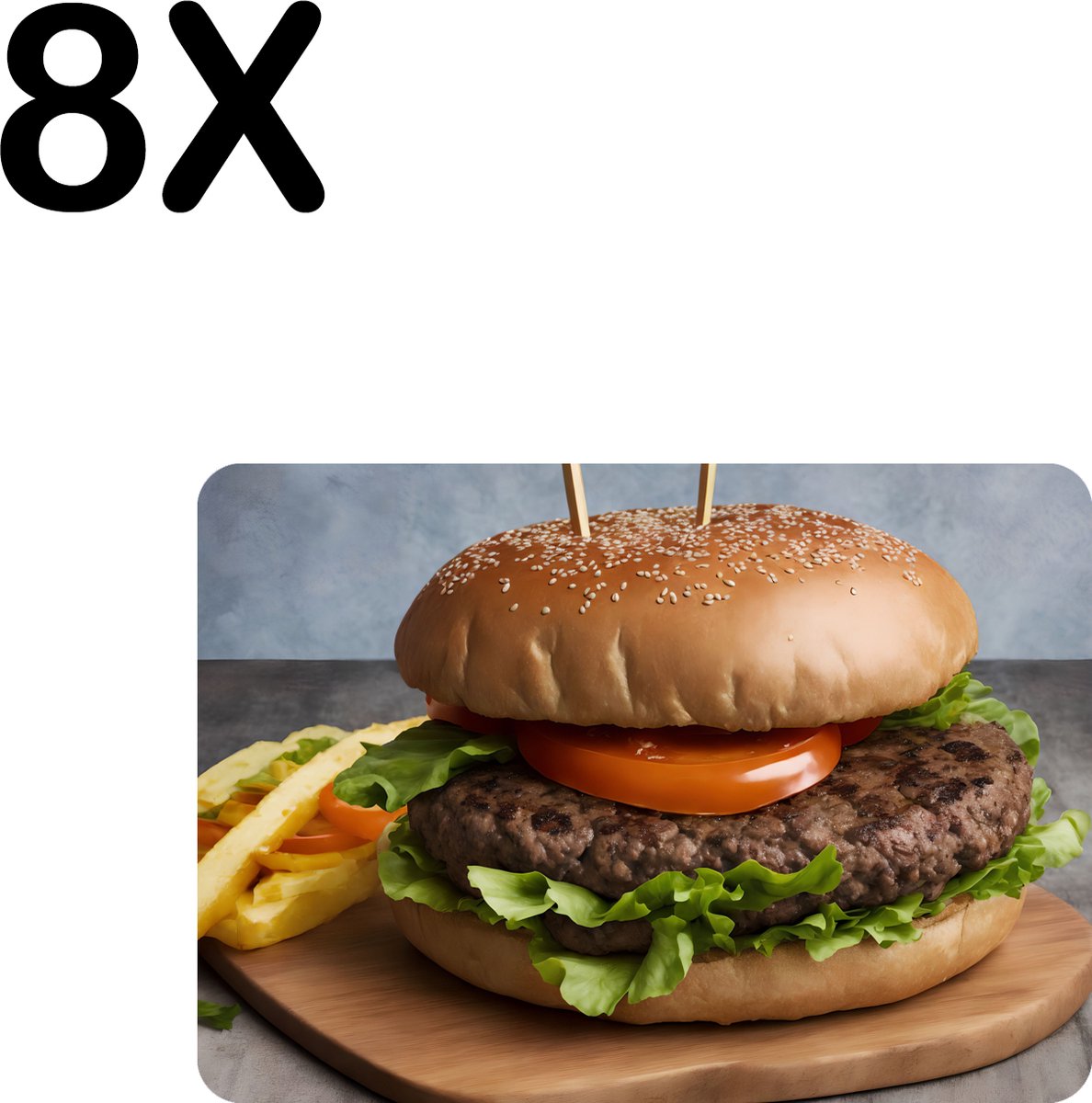 BWK Luxe Placemat - Geserveerde Hamburger op Houten Plank - Set van 8 Placemats - 35x25 cm - 2 mm dik Vinyl - Anti Slip - Afneembaar
