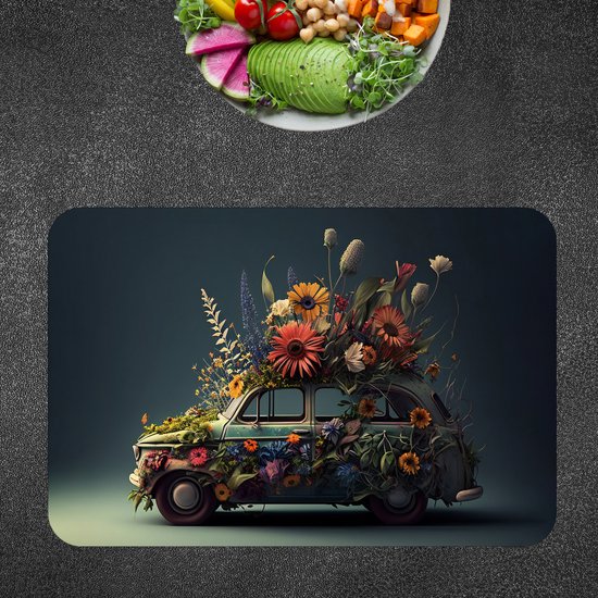 Flexibele Placemat - Kustige Bloemen Auto - Set van 2 Placemats - 45x30 cm - PVC Doek - Afneembaar