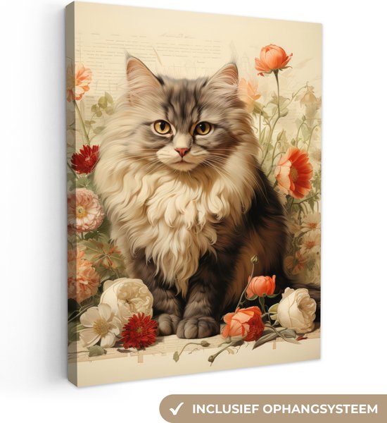 Tableau sur toile 30x40 cm - Décoration murale Vintage - Chat - Fleurs - Blanc - Nature - Animaux - Décoration murale salon - Décoration chambre à coucher - Accessoires de chambre - Tableaux sur toile