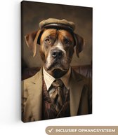 Canvas schilderij 90x140 cm - Wanddecoratie Vintage - Hond - Hoed - Pak - Bank - Bruin - Muurdecoratie woonkamer - Slaapkamer decoratie - Kamer accessoires - Schilderijen