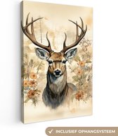 Canvas Schilderij Vintage - Hert - Edelhert - Bloemen - Beige - Dieren - Natuur - 40x60 cm - Wanddecoratie