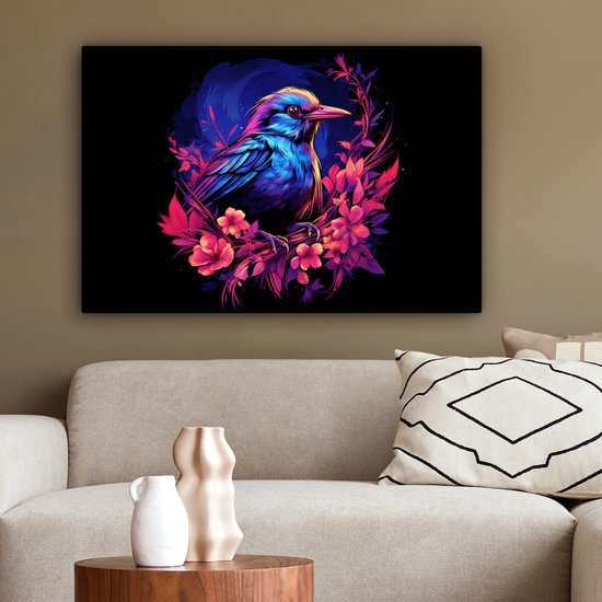 Peinture sur toile Rétro - Vogel - Fleurs - Zwart - Rose - Blauw - Animaux - 90x60 cm - Décoration murale