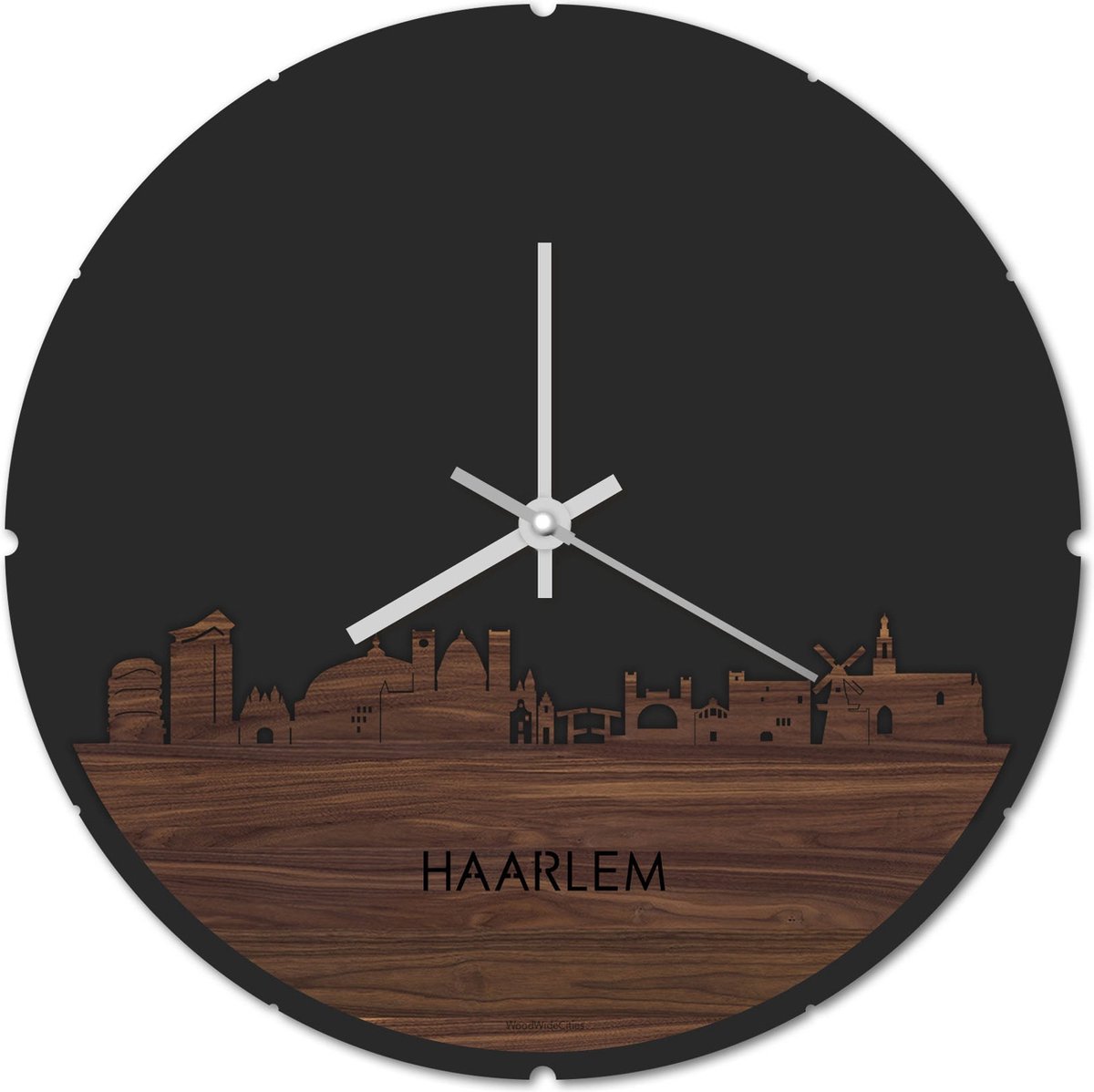 Skyline Klok Rond Haarlem Notenhout - Ø 44 cm - Stil uurwerk - Wanddecoratie - Meer steden beschikbaar - Woonkamer idee - Woondecoratie - City Art - Steden kunst - Cadeau voor hem - Cadeau voor haar - Jubileum - Trouwerij - Housewarming -