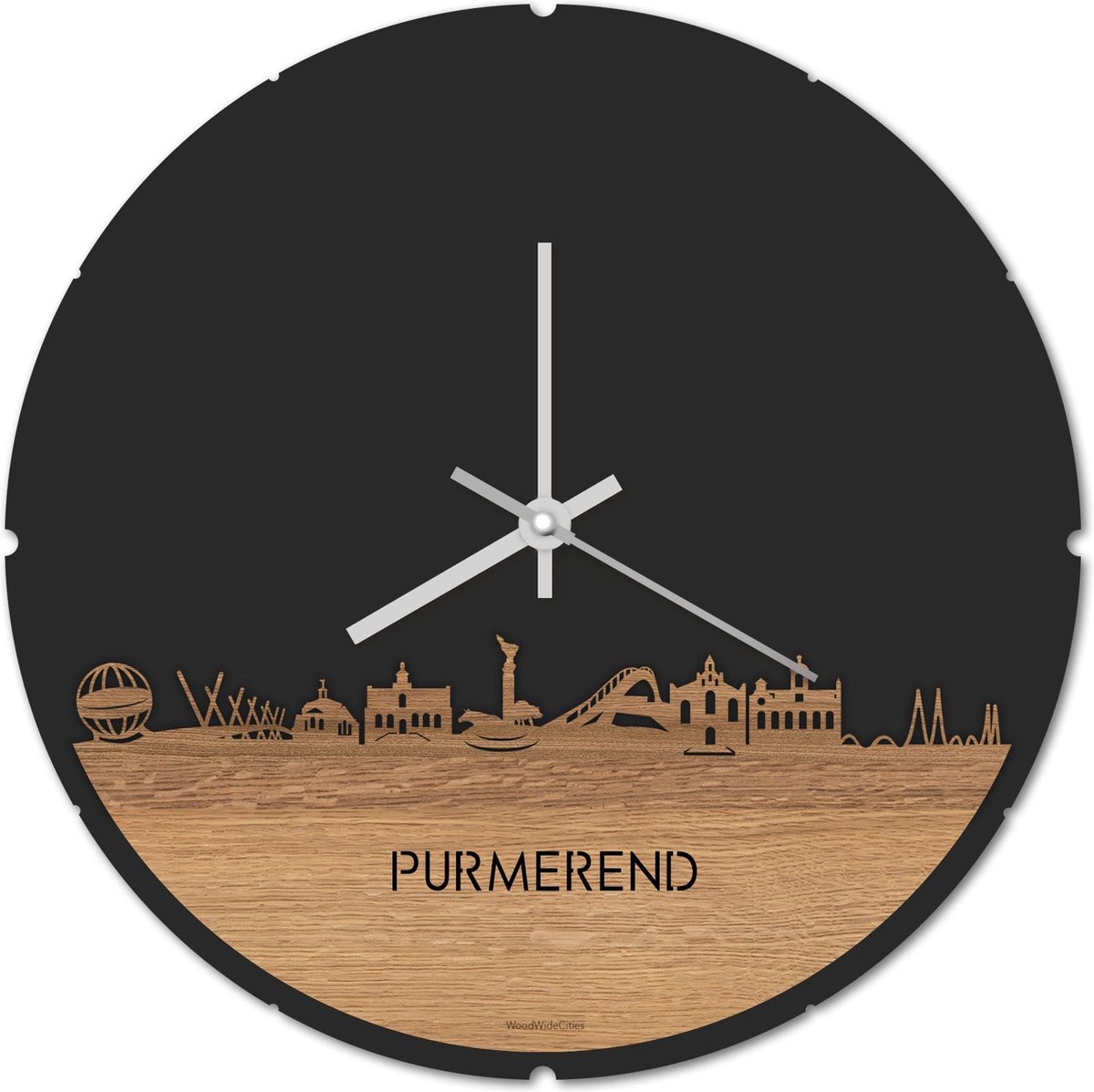 Skyline Klok Rond Purmerend Eikenhout - Ø 44 cm - Stil uurwerk - Wanddecoratie - Meer steden beschikbaar - Woonkamer idee - Woondecoratie - City Art - Steden kunst - Cadeau voor hem - Cadeau voor haar - Jubileum - Trouwerij - Housewarming -