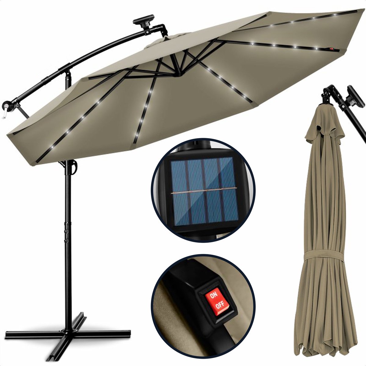 Coazy | Zweefparasol met SOLAR LED Lampjes en Voet | Parasol voor in de tuin