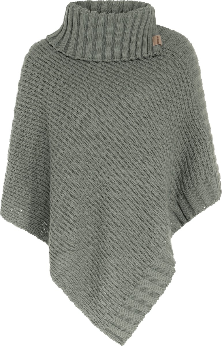 Knit Factory Nicky Gebreide Poncho - Met sjaal kraag - Dames Poncho - Gebreide mantel - Groene winter poncho - Urban Green - One Size - Inclusief sierspeld