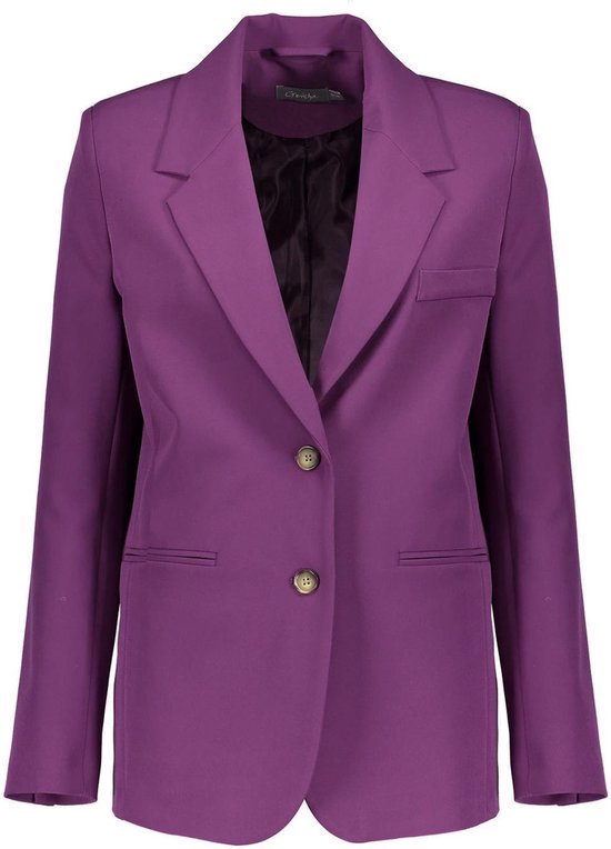 Paarse Geisha blazer met één knoopsluiting en twee steekzakken. De voering is zwart.