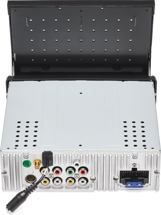 Achterkant van de Caliber autoradio met diverse aansluitingen: RCA, USB en antenne.