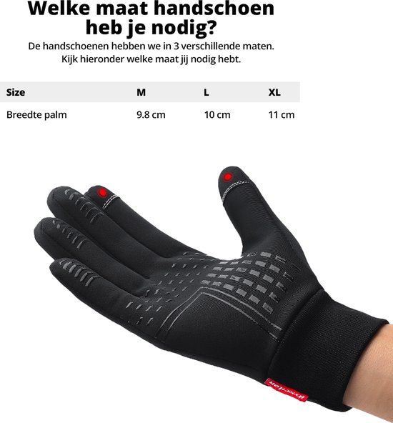 Hand die een zwarte, touchscreen-compatibele handschoen draagt, met maattabel.