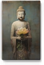 Boeddha met bloemen - Mini Laqueprint - 9,6 x 14,7 cm - Niet van echt te onderscheiden handgelakt schilderijtje op hout - Mooier dan een print op canvas. - LPS528