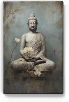 Boeddha met bloemen - Mini Laqueprint - 9,6 x 14,7 cm - Niet van echt te onderscheiden handgelakt schilderijtje op hout - Mooier dan een print op canvas. - LPS520