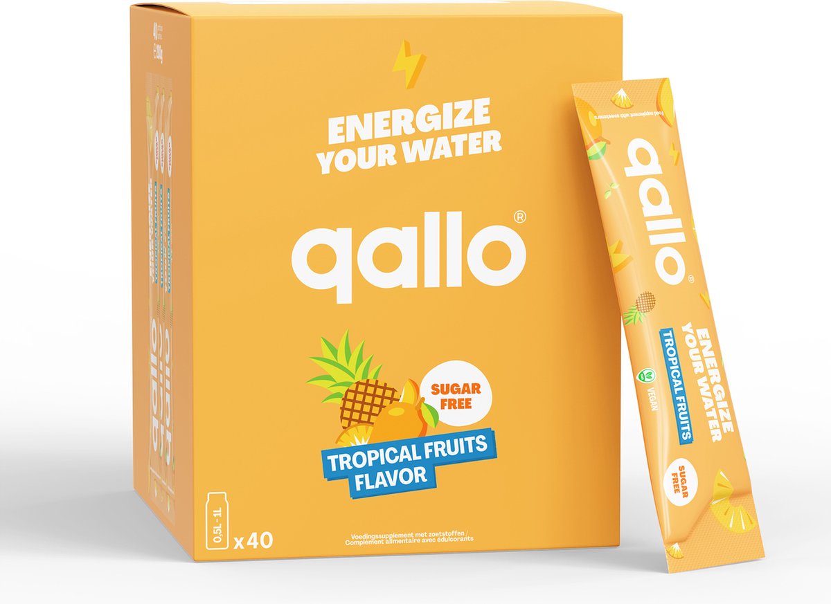Qallo Energy Drink Poeder Tropical Fruits - 40 zakjes - Vegan Suikervrije Energizer - Met Vitamine B - Inhoud 40 x 7gr