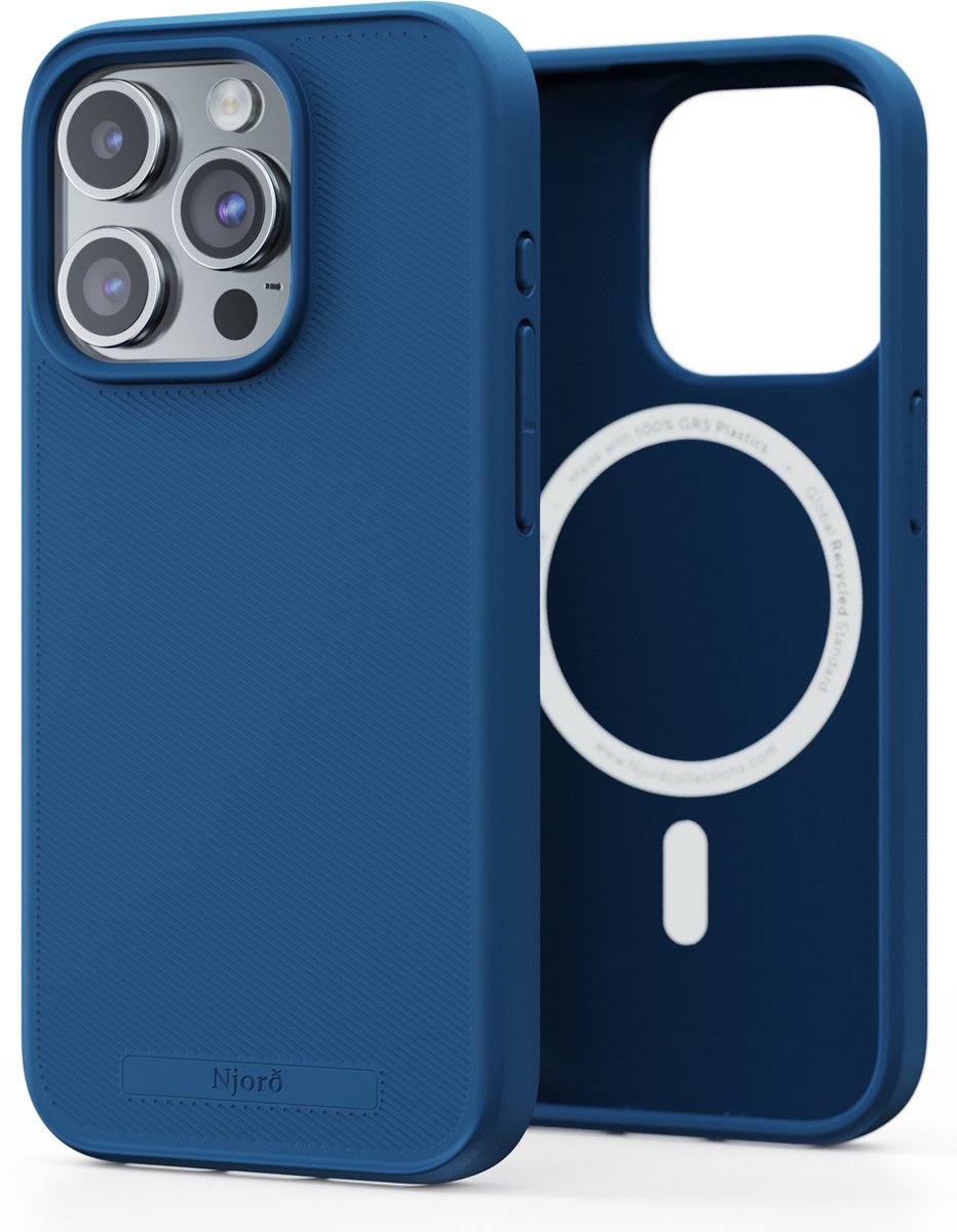 Njord Collections 100% GRS telefoonhoesje - Geschikt voor iPhone 15 Pro – Gerecyled Plastic - Duurzaam Telefoonhoesje - 2m valbescherming - Mag Compatibel – Blauw