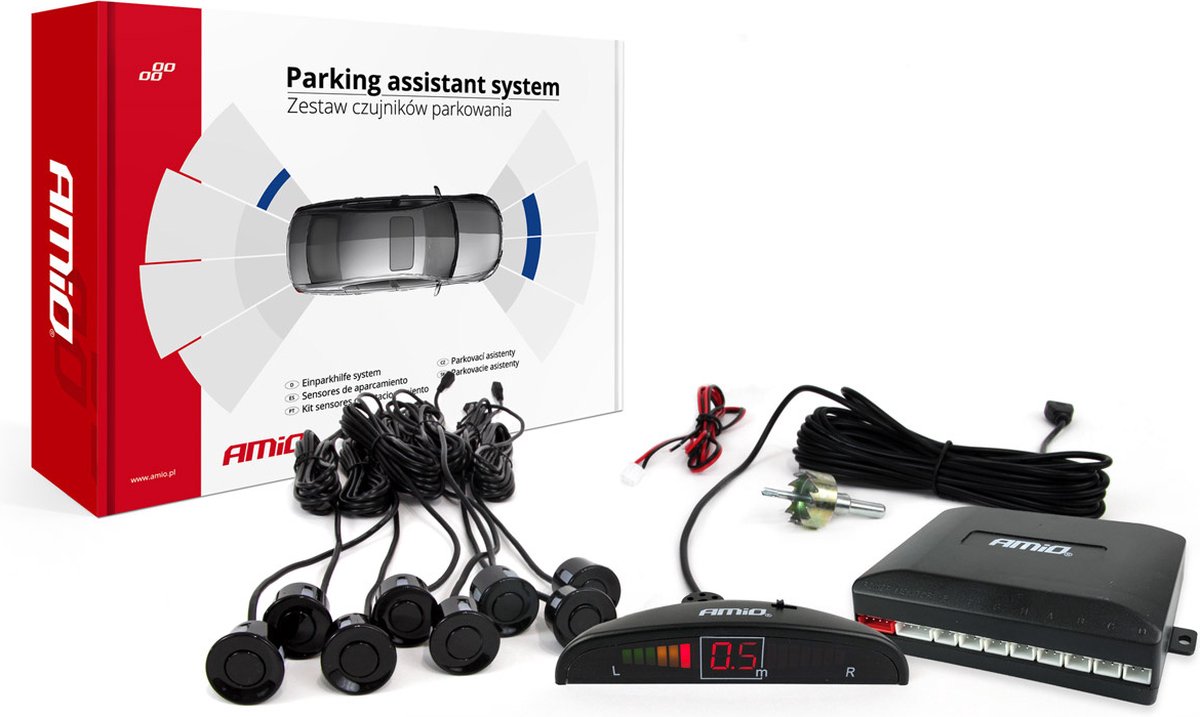 AMIO Parkeersensor Parkeerhulpsysteem LED met 8 Sensoren Inbouw Zwart