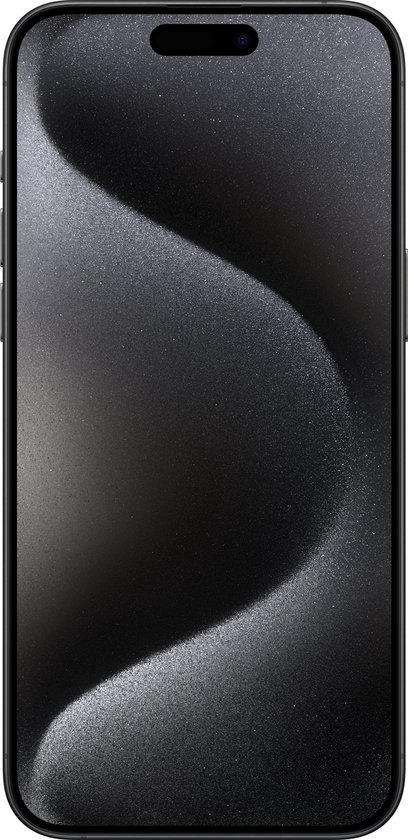 Zwarte iPhone 15 Pro Max met een decoratieve zilveren curve op het scherm.