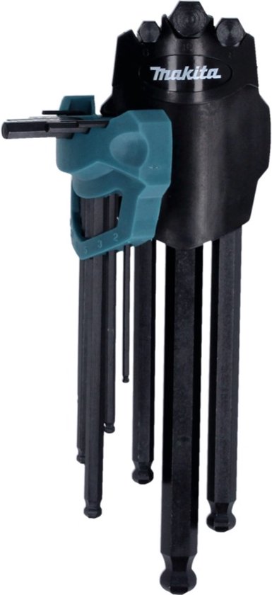 Zwarte inbussleutels in een zwart en turquoise Makita-houder.